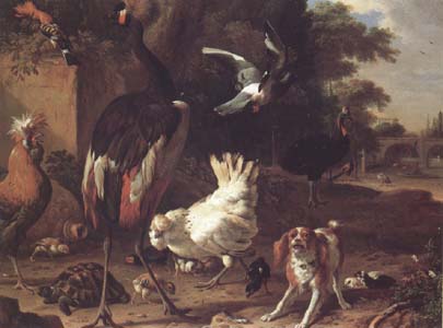 Melchior de Hondecoeter Birds and a Spaniel in a Garden (mk25)